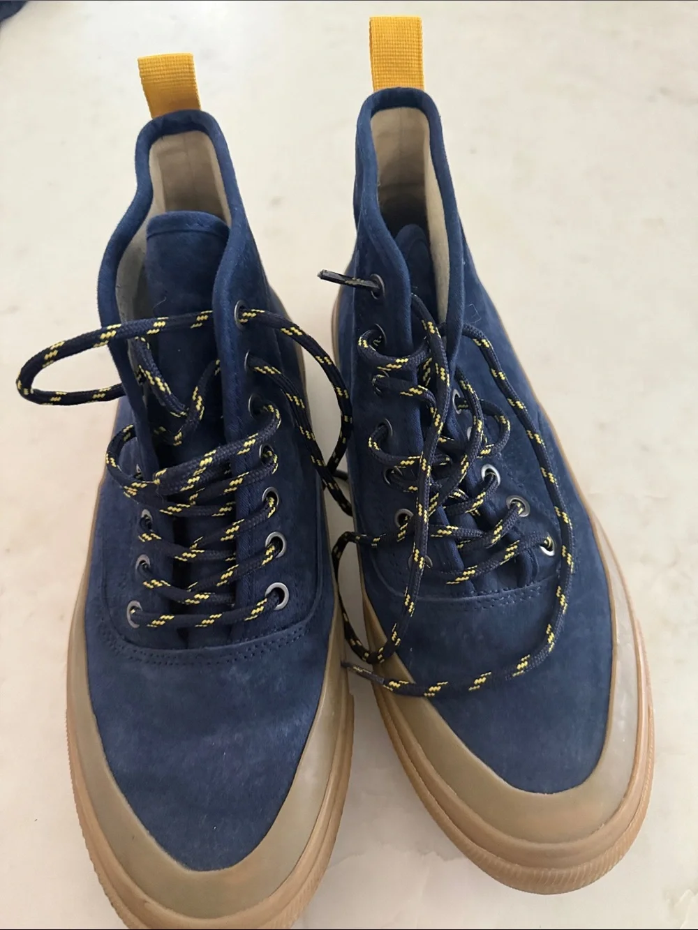 SeaVees Navy Suede Chukka Boots with Yellow Accents